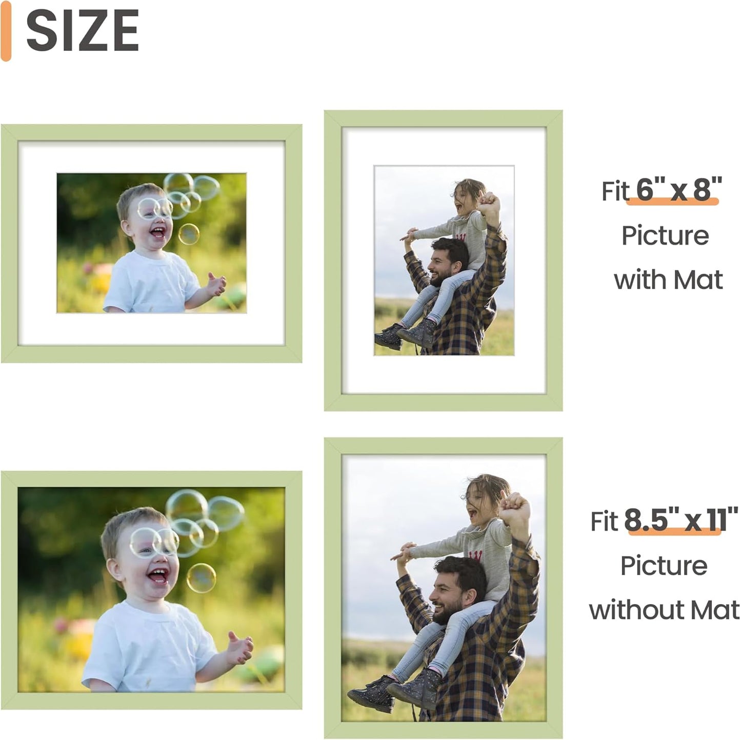 Upsimples 8.5x11 Picture Frame - Versatile Display for 6x8 Photos with Mat or 8.5x11 Without - Green, 1 Pack