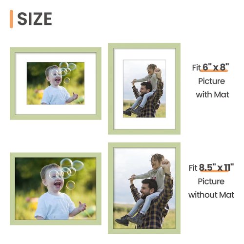 upsimples 8.5 By 11 Picture Frame, Display Pictures 6x8 with Mat or 8.5 x 11 Without, Wall Hanging Photo Frames, Green, 1 Pack