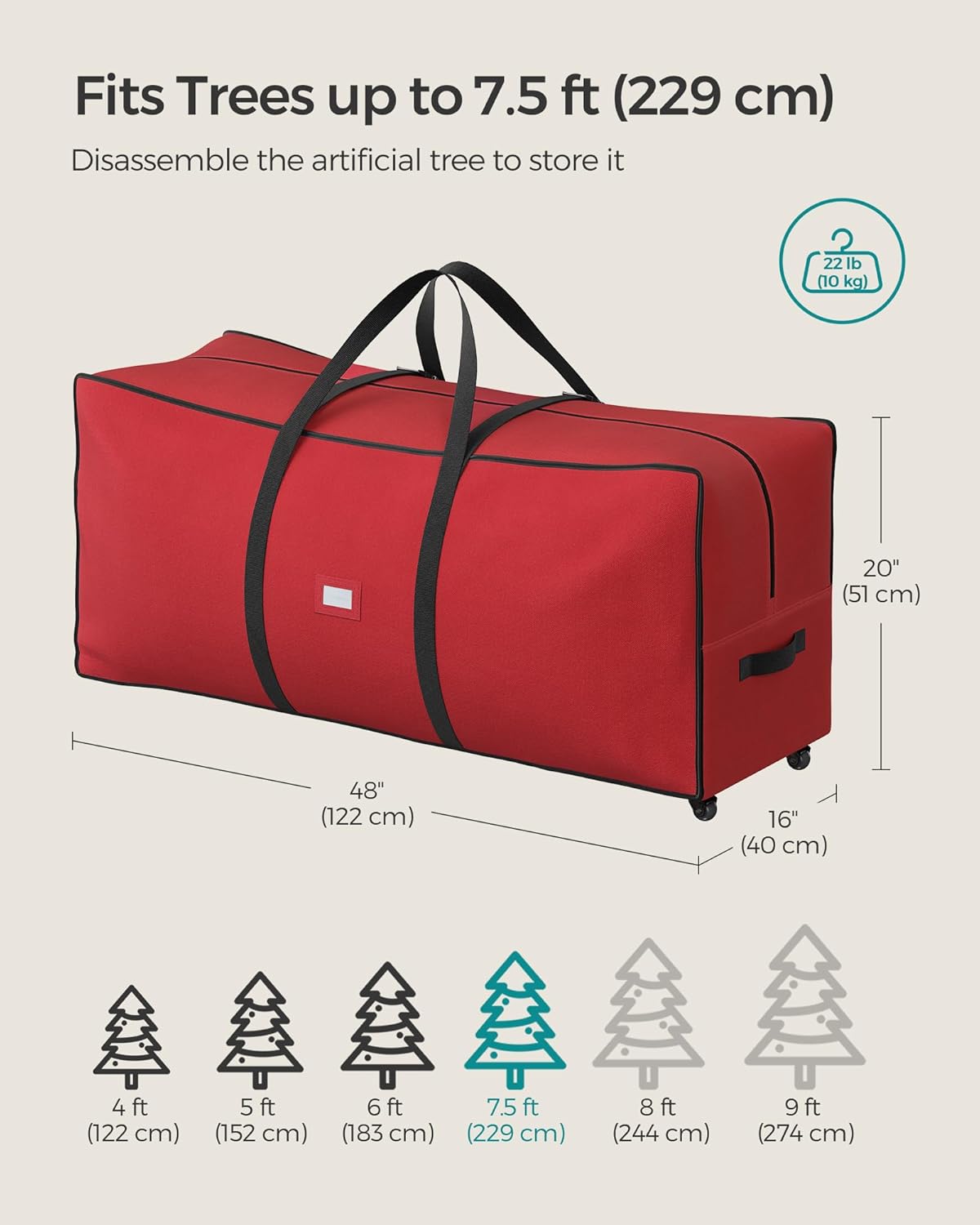 SONGMICS Christmas Tree Storage Bag - Rolling Design with 1.6-Inch Wheels | Fits Up to 7.5 ft Trees, Cherry Red