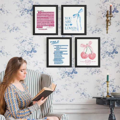DSHFG Christian Wall Art - Trendy Pink & Blue Cherry Bow Decor | Set of 4 Bible Verse Prints 8x10