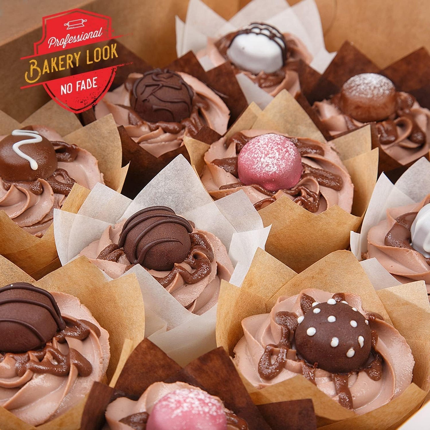 Baker’s Signature Tulip Cupcake Liners - 200 Pcs Sturdy Greaseproof Muffin Baking Cups | Beige, White, Brown