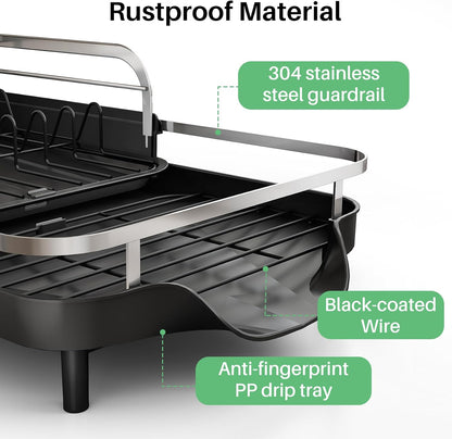 SAYZH Dish Drying Rack - Expandable Rust-Resistant Kitchen Organizer with Utensil Holder | Black