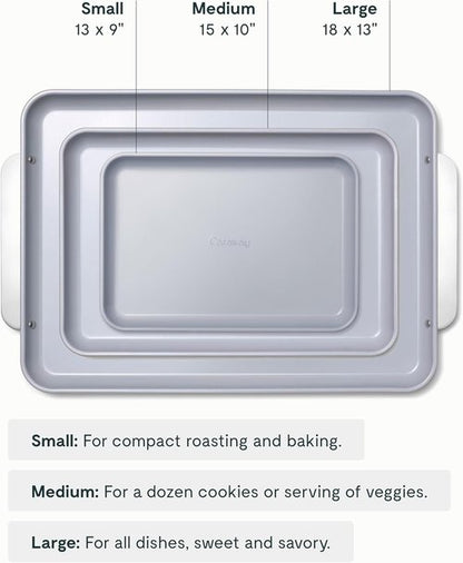 Caraway Non-Stick Ceramic Baking Sheet Trio - Non-Toxic & PTFE Free - Large 18"x13", Medium 15"x10", Small 9"x13" - Gray