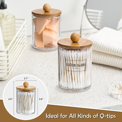 Qtip Holder Dispenser by [Brand Name] - 10 oz Clear Plastic Apothecary Jar with Bamboo Lids | Makeup Organizer for Bathroom Accessories