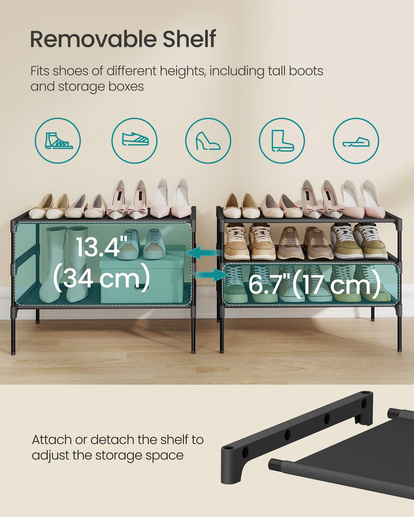 SONGMICS Shoe Rack, 3-Tier Shoe Storage Organizer, Space-Saving, 11.7 x 24.5 x 21 Inches, Entryway, Metal Frame, Non-Woven Fabric Shelves, Ink Black ULSH023BH01