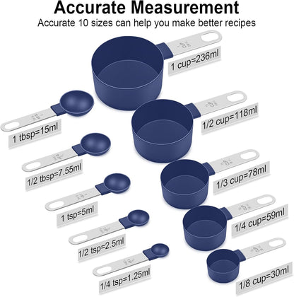 Measuring Cups and Spoons Set - 10-Piece Kitchen Essentials with Stainless Steel Handles | Blue
