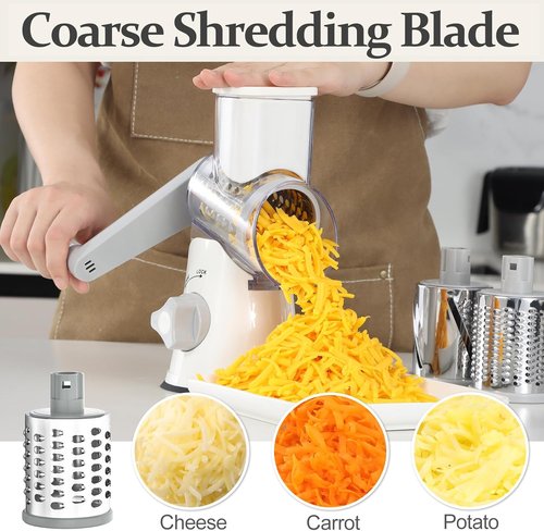 Cambom 5-in-1 Rotary Cheese Grater - Hand Crank Shredder with Non-Slip Base & Five Blades - White