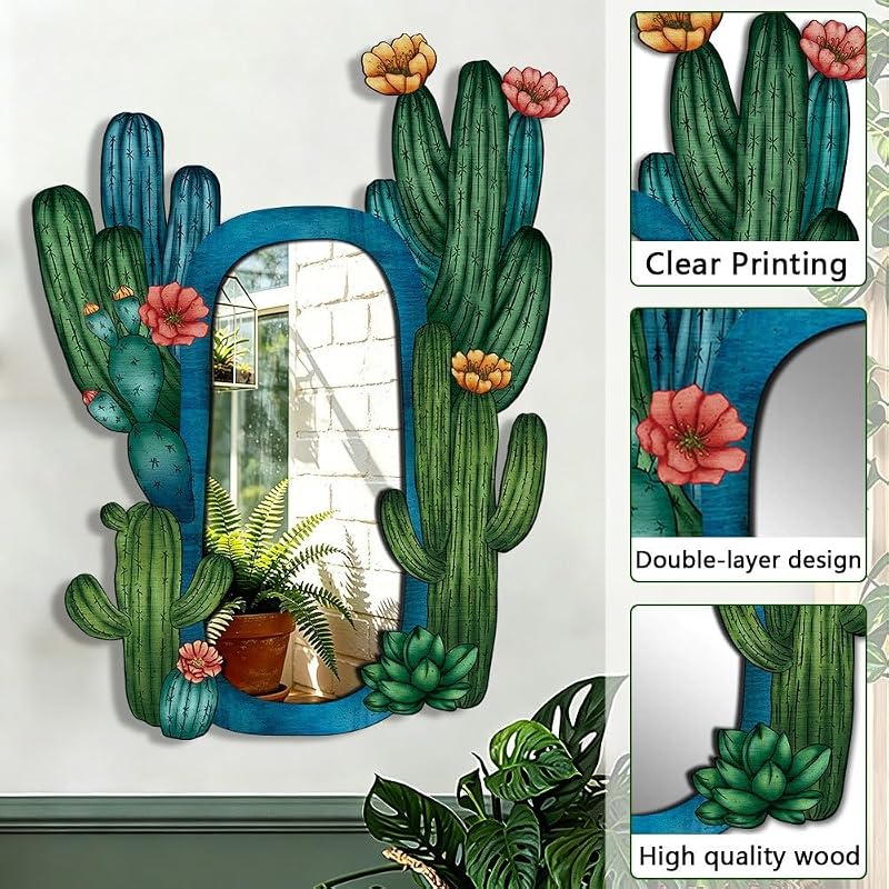 11.8in Wood Wall Mirror (Cactus) — Rustic Natural Wood Frame, Horizontal or Vertical Mount