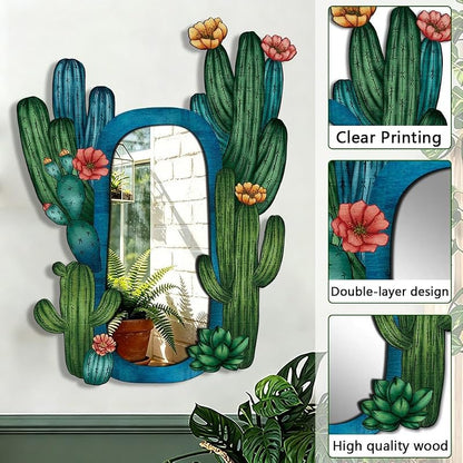 11.8in Wood Wall Mirror (Cactus) — Rustic Natural Wood Frame, Horizontal or Vertical Mount