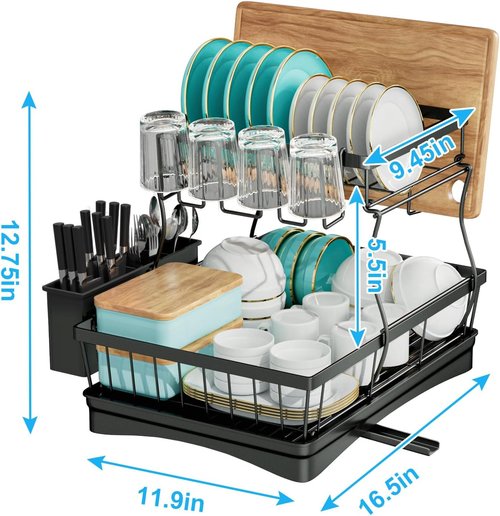 7 Code Large Dish Drying Rack - Detachable 2-Tier Kitchen Organizer with Utensil Holder | Black
