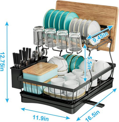 7 Code Large Dish Drying Rack - Detachable 2-Tier Kitchen Organizer with Utensil Holder | Black