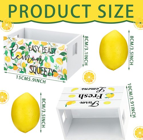 Marsui Lemon Decor Set - Mini Wooden Crate with 8 Realistic Fake Lemons | Rustic Summer Kitchen Decor