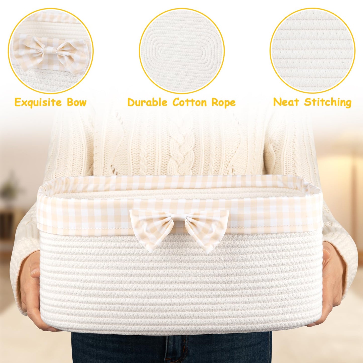 OIASKET Basket for Gifts Empty, Large Gift Basket 19L with Gift Bag and Ribbon, Woven Cotton Basket for Baby Showers, Birthday, Wedding, Easter, 15.35"x11.42"x6.69", White and Cream