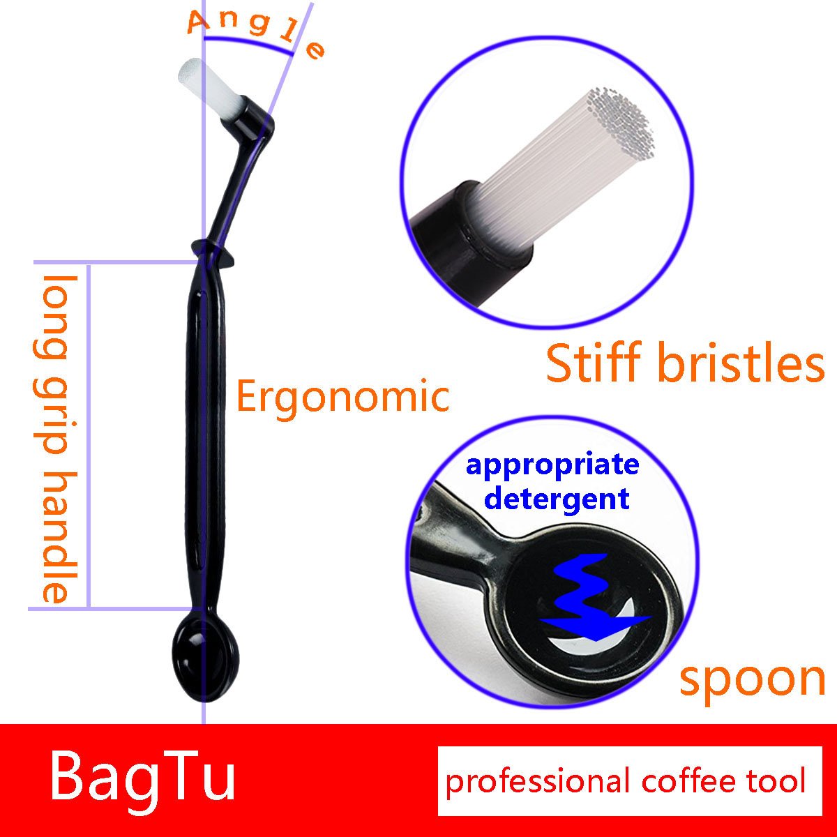 BagTu Coffee Machine Cleaning Brush with Spoon Tool Set for Espresso Machine Group Head,Pack of 3,Black