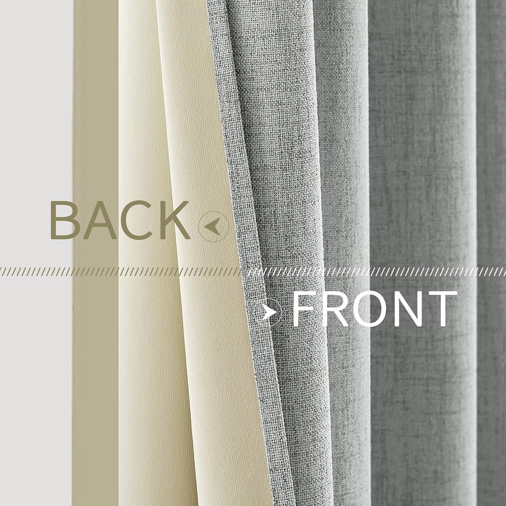 MIULEE 100% Blackout Linen Curtains - Thermal Insulated Room Darkening Drapes | Glacier Gray, 52 x 108 Inch (2 Panels)