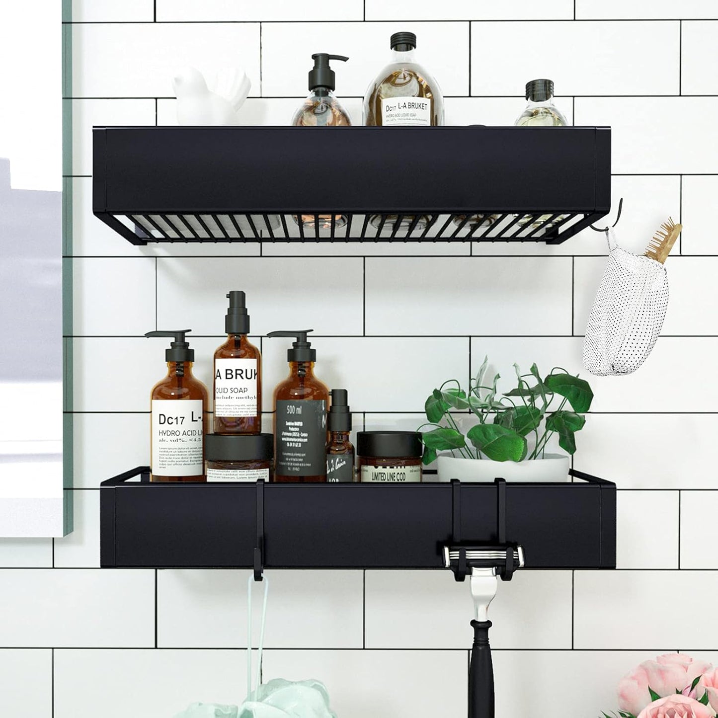 Skiennix Shower Caddy - Adhesive Organizer with Hooks | No-Drill Storage for Bathroom & Kitchen - 2 Pack Black