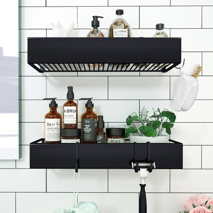 Skiennix Shower Caddy - Adhesive Organizer with Hooks | No-Drill Storage for Bathroom & Kitchen - 2 Pack Black