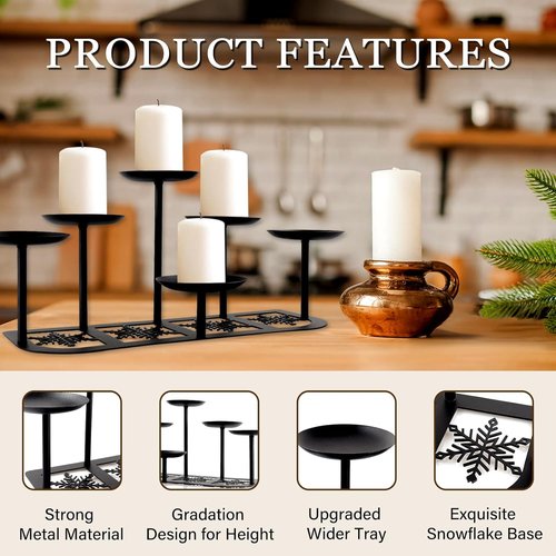 Fireplace Candelabra Candle Holder - Matte Black Metal with 6 Stands | Elegant Mantle Decor for Pillar Candles