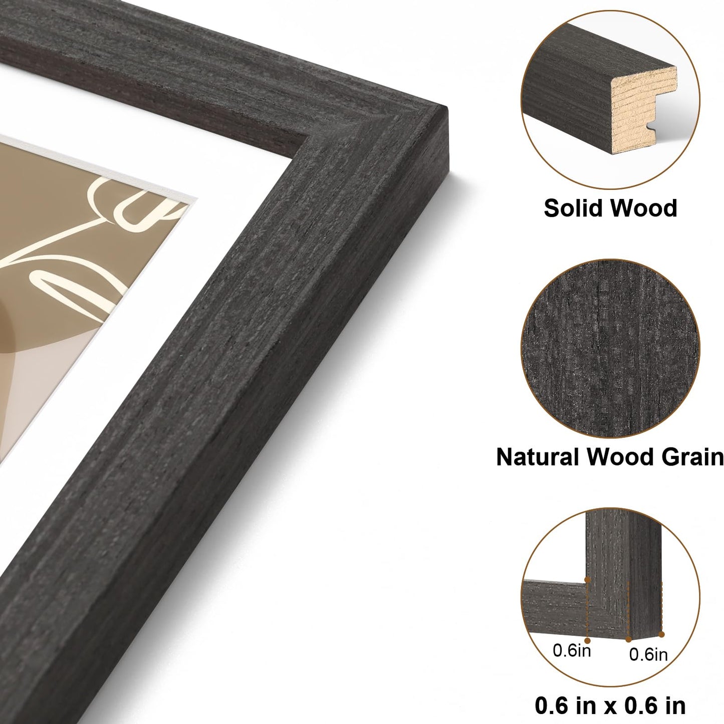 Vittanly 8.5x11 Picture Frame, Solid Wood Frame with Plexiglass, Includes 6x8 Mat, Wall Hanging or Tabletop for Photos, Home Decor, Charcoal Black, 1 Pack
