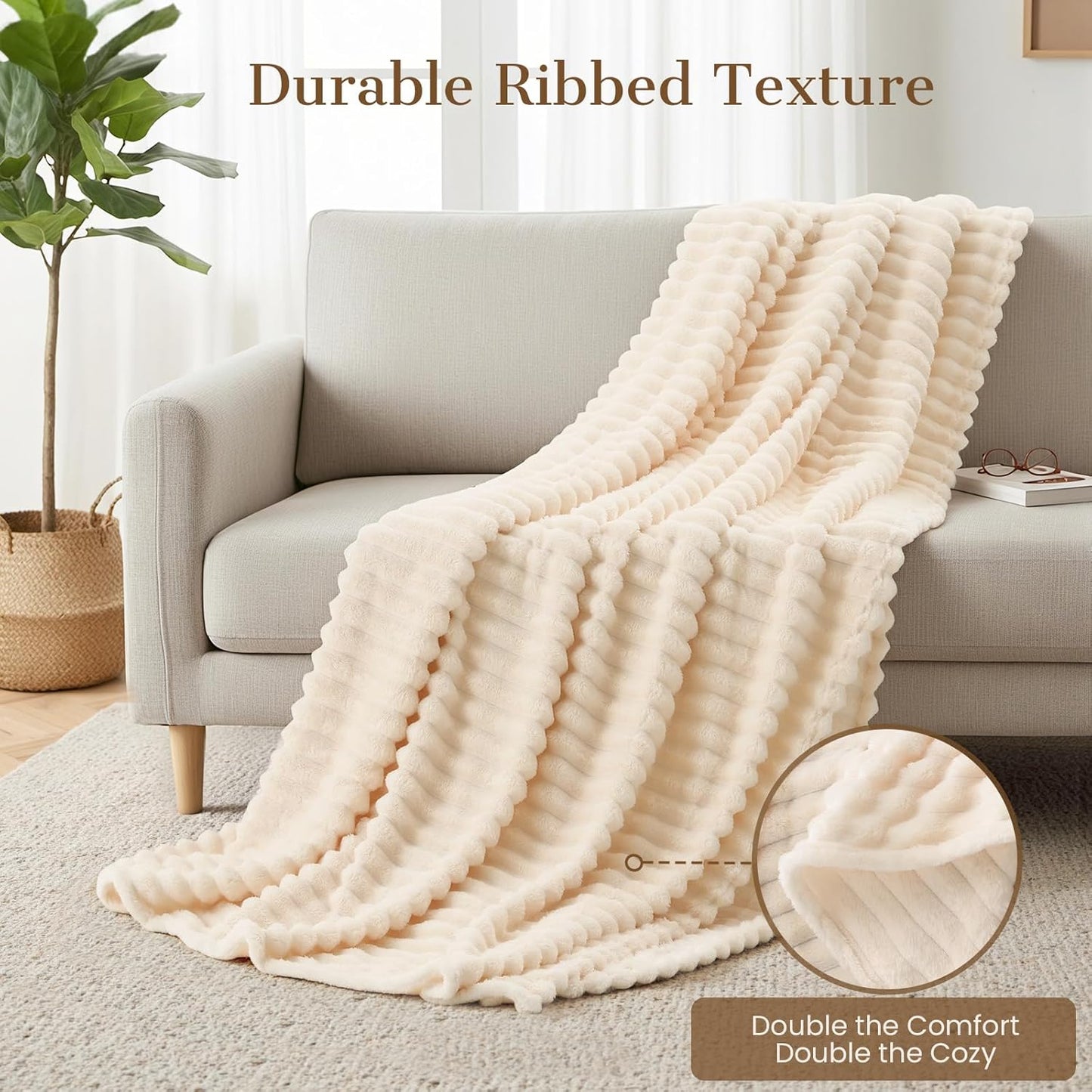 Skiennix Cozy Throw Blanket - Soft & Warm Fleece for Couch | Fluffy Beige Gift for Women & Teens