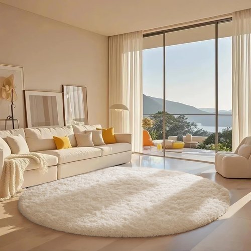 Ophanie Round Rugs 7Ft Ivory Circle Area Rug, Aesthetic Room Decor, Fluffy Fuzzy Bedroom Carpet, Plush Soft Shaggy Cream Living Room Rugs for Kids Home Decor, Nursery
