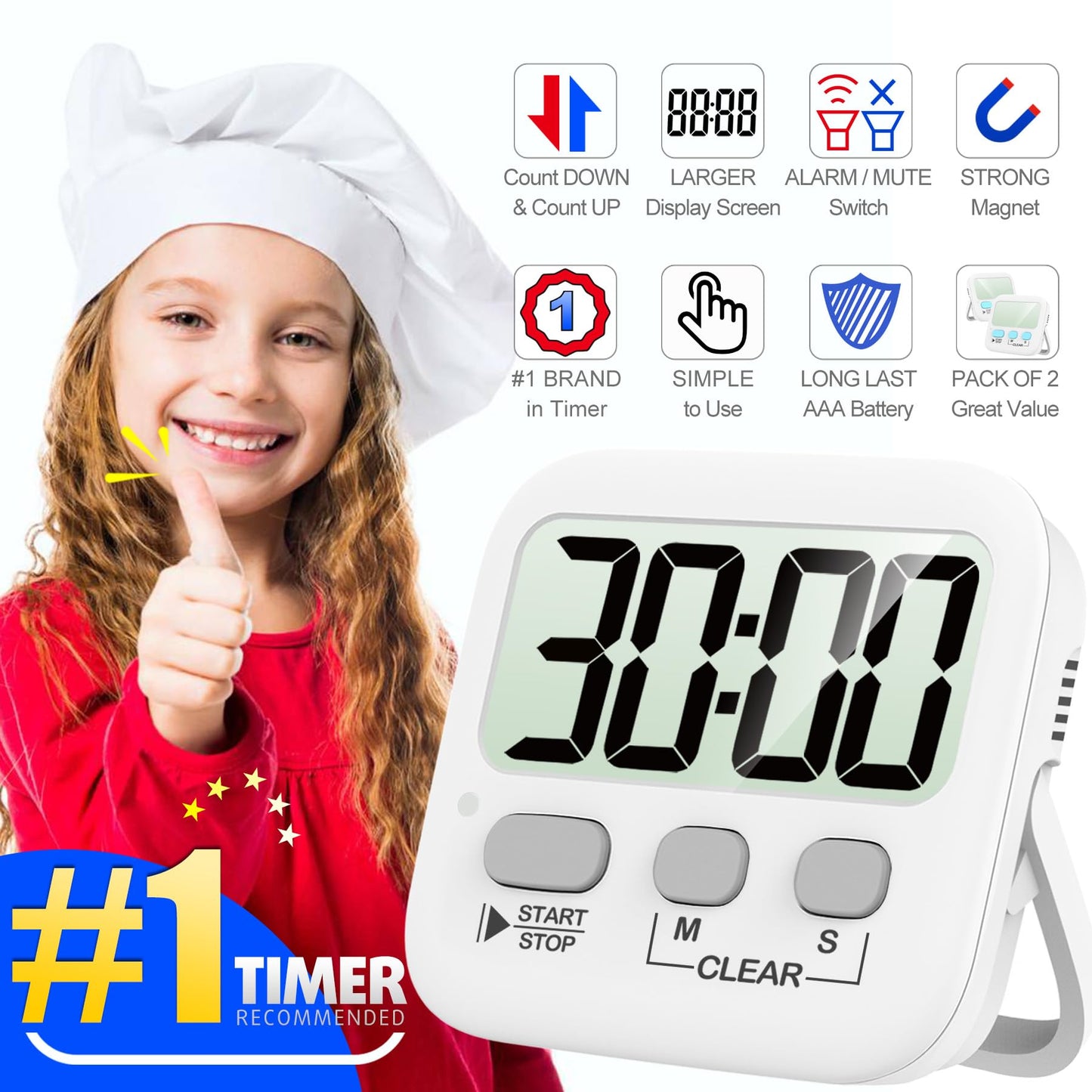 Antonki Timer, Timer for Kids, Kitchen Timers, Digital Timer for Cooking, Egg Timer, Classroom Timer for Teacher, Magnetic Countdown Timer for Exercise, Study, Oven - Battery Included - Pack of 2