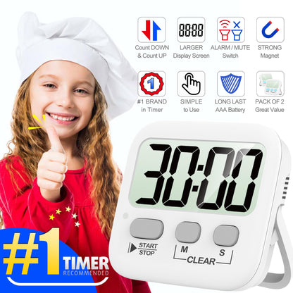 Antonki Timer, Timer for Kids, Kitchen Timers, Digital Timer for Cooking, Egg Timer, Classroom Timer for Teacher, Magnetic Countdown Timer for Exercise, Study, Oven - Battery Included - Pack of 2