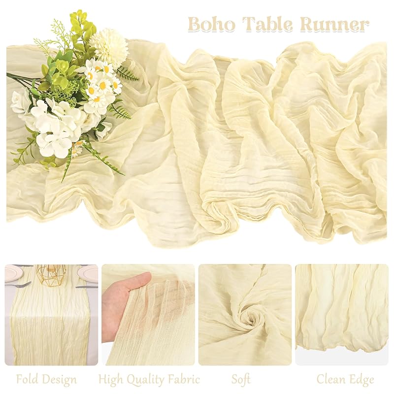Beige Cheesecloth Table Runner 10 Pack 120x20in - Boho Gauze Linen for Wedding & Party, 10ft Long