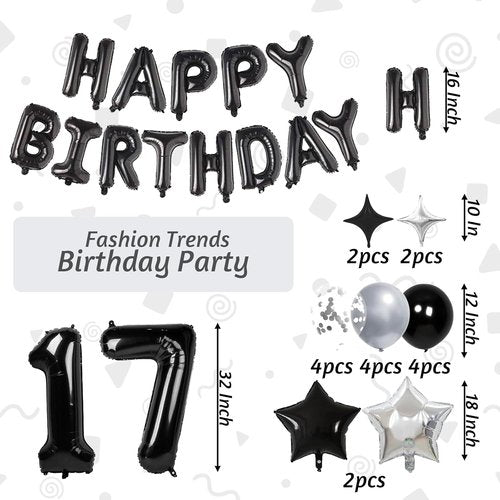 17 Balloon Numbers by 32 Inch - Happy Birthday Foil Letters & Star Balloons | Silver & Black Party Decor