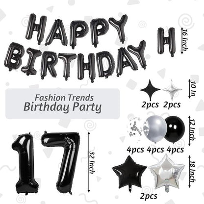 17 Balloon Numbers by 32 Inch - Happy Birthday Foil Letters & Star Balloons | Silver & Black Party Decor