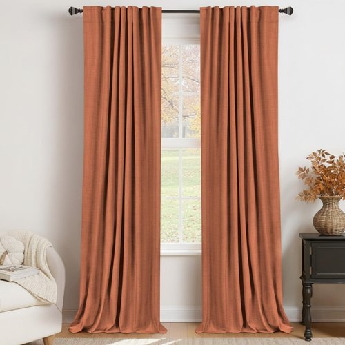 100% Blackout Shield Linen Blackout Curtains for Bedroom 108 Inches Long, Back Tab/Rod Pocket Living Room Drapes, Thermal Insulated Blackout Curtains 2 Panels Set, 50" W x 108" L, Burnt Orange