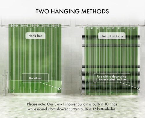 AmazerBath No Hook Shower Curtain Liner, 100% EVA Heavy Duty Hookless Shower Curtain and Liner 3-in-1, 72x75 Luxury Soft Shower Liner with 3 Heavyweight Stones, Clear Green