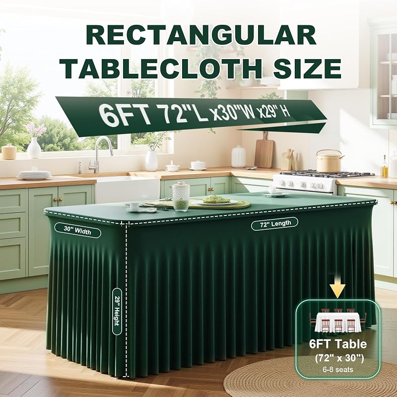 4 Pack 6ft Hunter Green Spandex Tablecloths - Fitted 72 Inch Table Cover, Wrinkle-Resistant