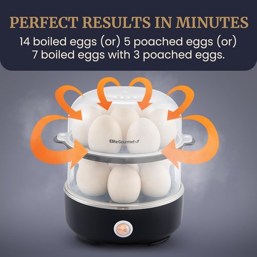 Elite Gourmet Easy Egg Cooker - Stainless Steel, Two-Tiered, 14-Egg Capacity, Auto Shut-Off | Black