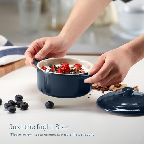 Kook Ceramic Mini Cocotte Set - 12 oz Individual Baking Ramekins | Oven Safe, Microwave & Dishwasher Safe, Navy - Set of 4