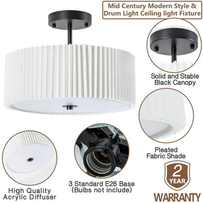 Bargeni Semi Flush Mount Ceiling Light,12.5 inch Ceiling Light Fixture,Black Flush Mount Light Fixture with Pleated Fabric Drum Shade,Light Fixtures Ceiling Mount for Bedroom,Living Room,Hallway
