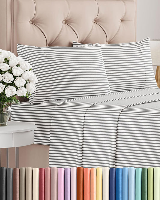 Skiennix Queen Size 4-Piece Sheet Set - Comfy Breathable Cooling Bedding - Soft Wrinkle-Free Grey Stripes