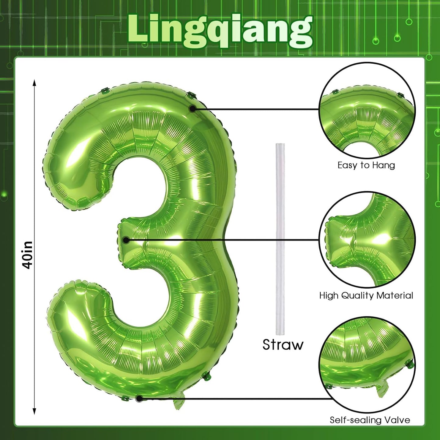 Skiennix 40-Inch Green Number 3 Balloons - Self-Inflating Foil Mylar for Birthday Parties & Anniversaries