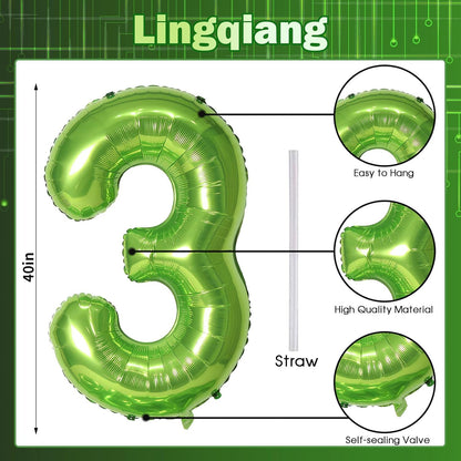Skiennix 40-Inch Green Number 3 Balloons - Self-Inflating Foil Mylar for Birthday Parties & Anniversaries
