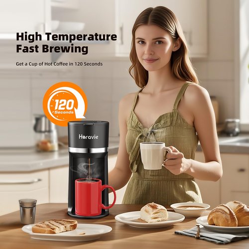 Horavie Mini Single Serve Coffee Maker for K Cup and Ground Coffee, Fast Brew One Cup Coffee Machine with Descaling Reminder and Water Window, 6 to 12 oz. Brew Sizes, Black