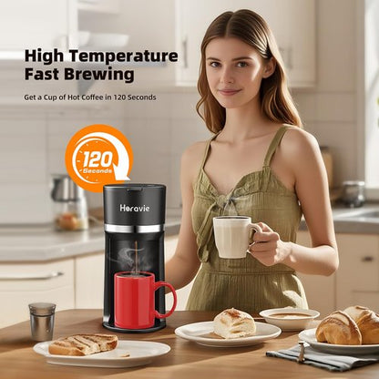 Horavie Mini Single Serve Coffee Maker for K Cup and Ground Coffee, Fast Brew One Cup Coffee Machine with Descaling Reminder and Water Window, 6 to 12 oz. Brew Sizes, Black