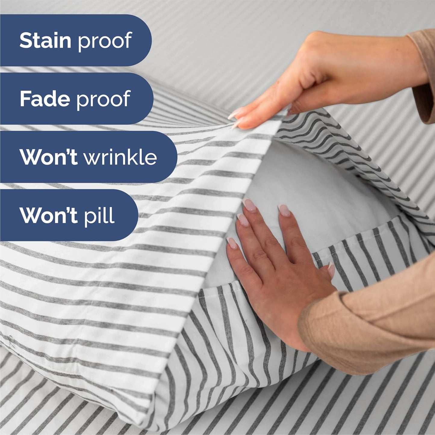 Skiennix Queen Size 4-Piece Sheet Set - Comfy Breathable Cooling Bedding - Soft Wrinkle-Free Grey Stripes