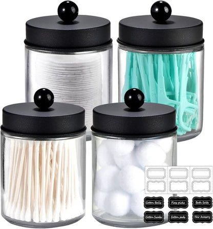Amolliar Apothecary Jars Set - 4 Pack Bathroom Vanity Storage Organizers with Stainless Steel Lids & Cute Stickers | Black Qtip Dispenser for Cotton Swabs & Makeup Sponges