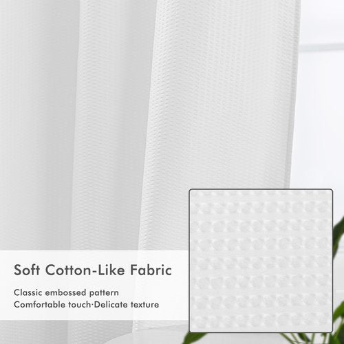 Mrs Awesome No Hook Shower Curtain with Snap-in Liner Less Time On/Off, Embossed Waffle-Look Textured Fabric Shower Curtain for Bathroom Hotel Style, Washable, Soft & Lightweight, 71x74, White