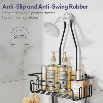 SWTYMIKI Bathroom Shower Caddy - 3-Tier Rustproof Overhead Organizer with 16 Hooks & Soap Holder | Black