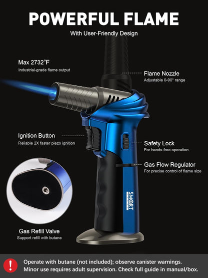 SMART JERRY Mini Torch Gun - Windproof Butane Lighter with Safety Lock | Adjustable Flame Up to 1500℃ for Cooking, BBQ, and Soldering
