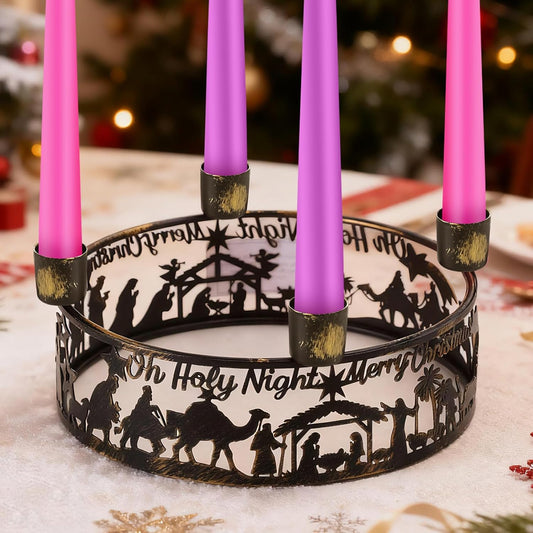 Blulu Advent Wreath Candle Holder - Rustic Nativity Scene Metal Jesus Set | Christmas Centerpiece Decor
