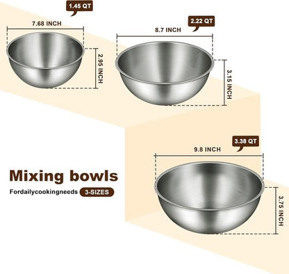 Gronivex Stainless Steel Mixing Bowls Set - Food Grade 304, Dishwasher Safe, Stackable | 3 Pack (1.45, 2.22, 3.38 Qt)