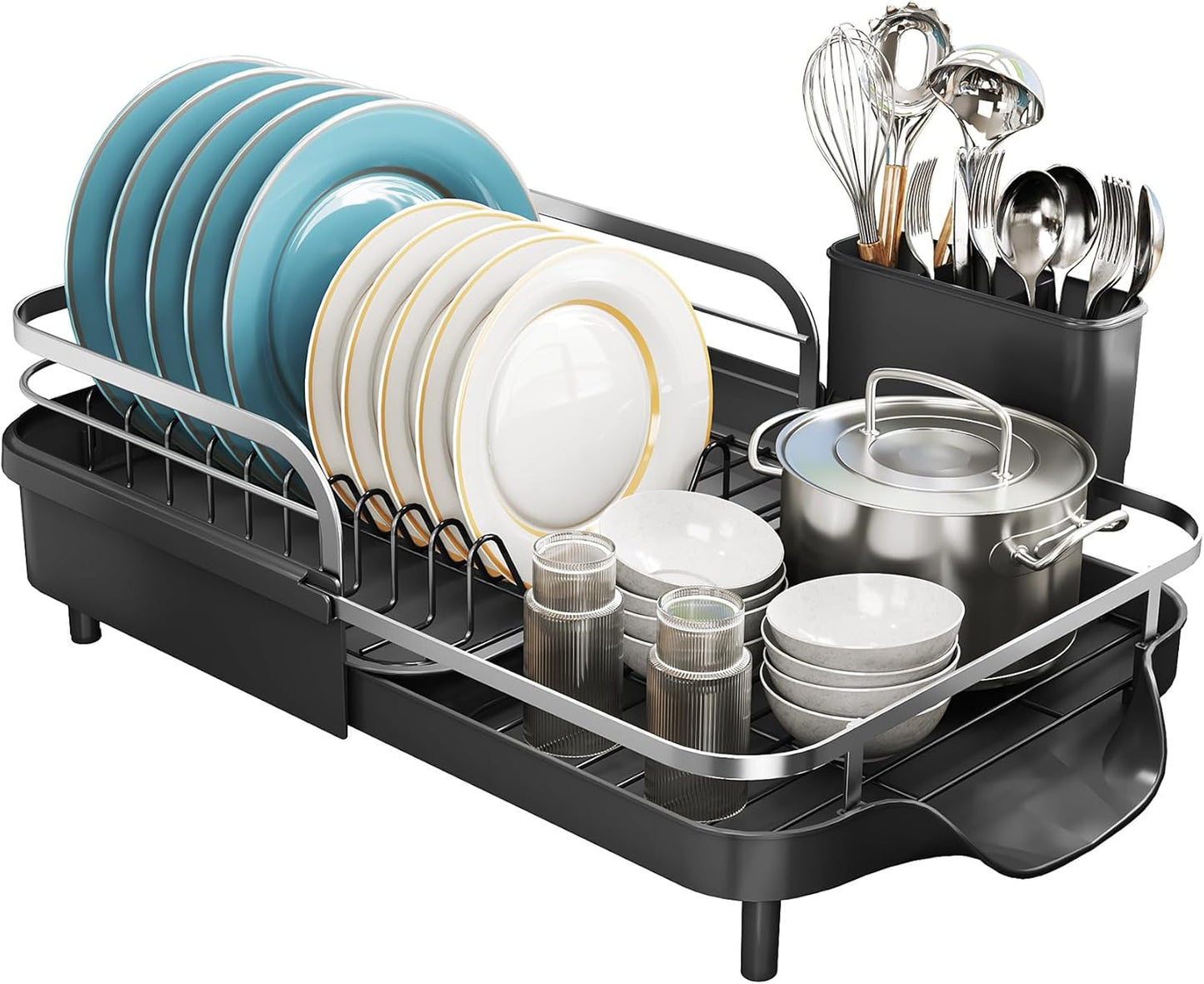 SNTD Dish Drying Rack - Expandable Stainless Steel Dish Drainer with Drainboard & Utensil Holder | Black