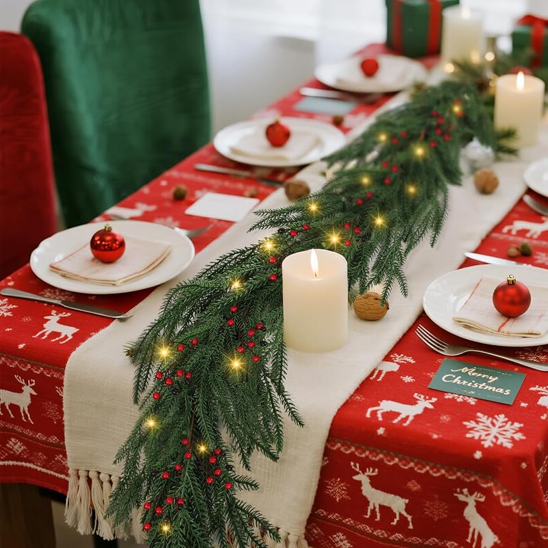 6ft Norfolk Pine Garlands with Light - Pre-Lit Dense Real Touch Indoor/Outdoor Christmas Garland - Variation: 1+6ft